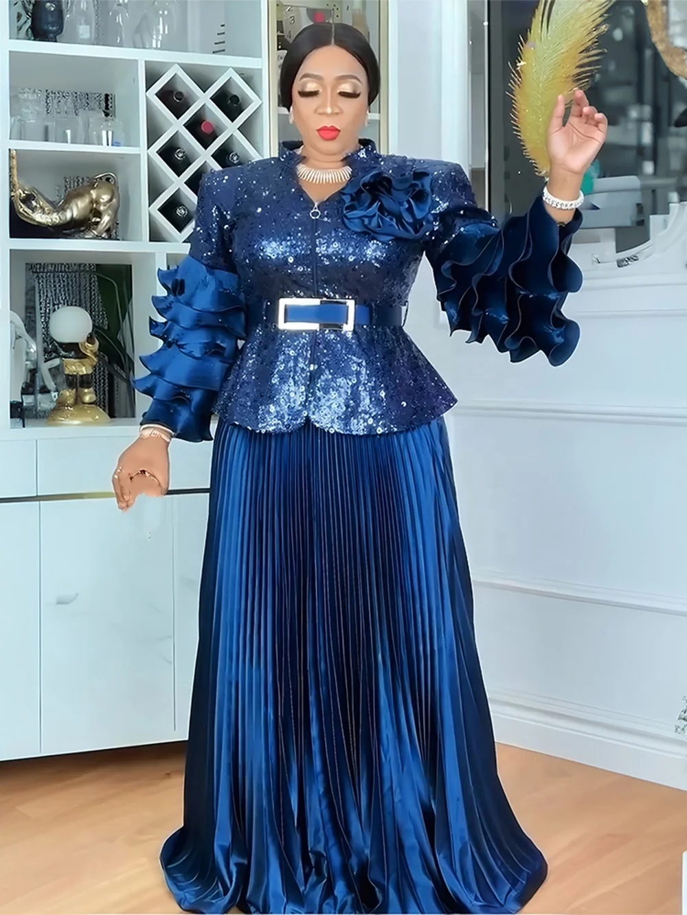 Elegant African Women Clothes Dashiki 2 Pieces Set Sequin Tops and Skirts Suits Plus Size Turkey Wedding Evening Party Dresses Elegant African Women Clothes Dashiki 2 Pieces Set Sequin Tops and Skirts Suits Plus Size Turkey Wedding Evening Party Dresses