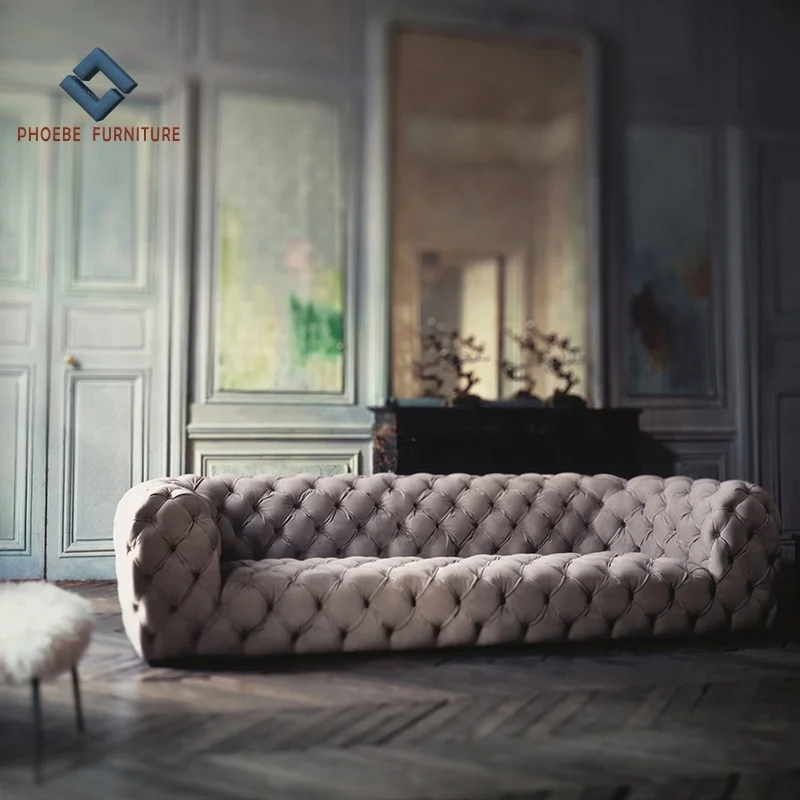 Luxury Top Grade Nubuck Chesterfield Genuine Leather Tufted Chester Moon Sofa Set