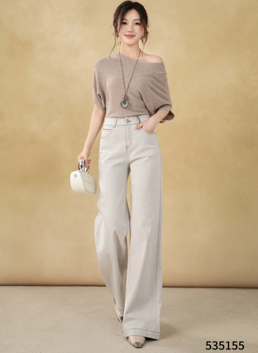 Women's Autumn Street Anti-Wrinkle Casual Jeans Wide Leg Flare Pants Long Sleeves Zipper Fly Solid Color Plain Dyed