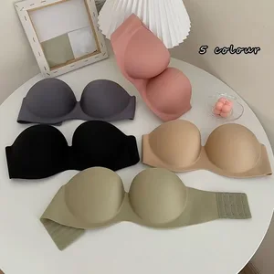 Women's Summer Sexy Seamless Anti-Slip Bra Strapless Off-Shoulder Beautiful Back Colorless Nude Feeling Wire-Free Solid Cup