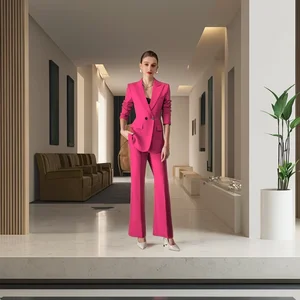 Latest Ladies Office Suit Design Double-Breasted 2 Piece Set in Pink and Black Women's Suits & Blazers