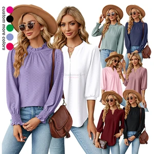 Casual Ladies Blouse Office Puff Long Sleeve Tops Frills Neck Ruffles Smocked Cuffs Blouses Elegant Shirts for Women