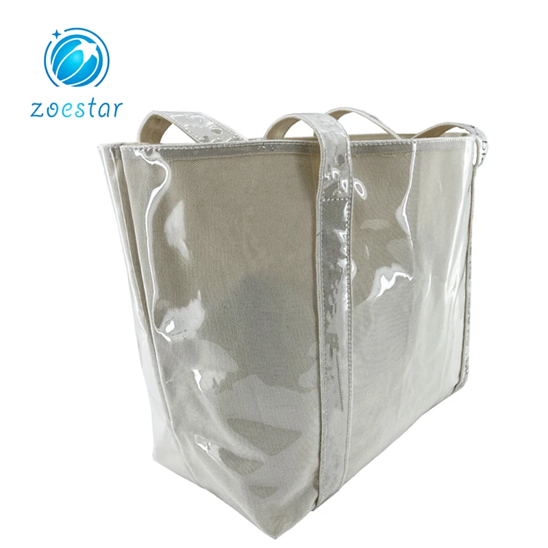 Special Design Canvas Shopping Bag with Full Transparent PVC Covering Supermarket Storage Bag Women Beach Tote Bag manufacture