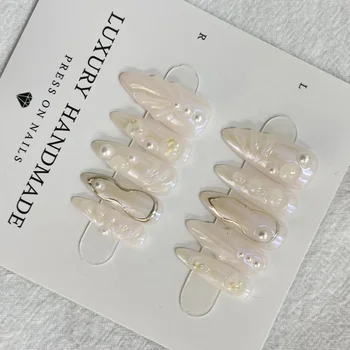 Wholesale 10pcs Pearl long Almond Hand Painted Gel Press Nails Beautiful Luxury Customized Design press on nails