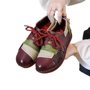 2026 New Top Layer Cowhide Flat Casual Women's Walking Style Shoes Ethnic Style Color Block Genuine Leather Single Shoes Shoes