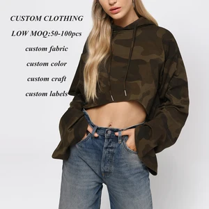 OEM Factory Manufacture Women's Cropped Camo Raw Hem Hoodie Custom Logo Printed Streetwear Sweatshirt