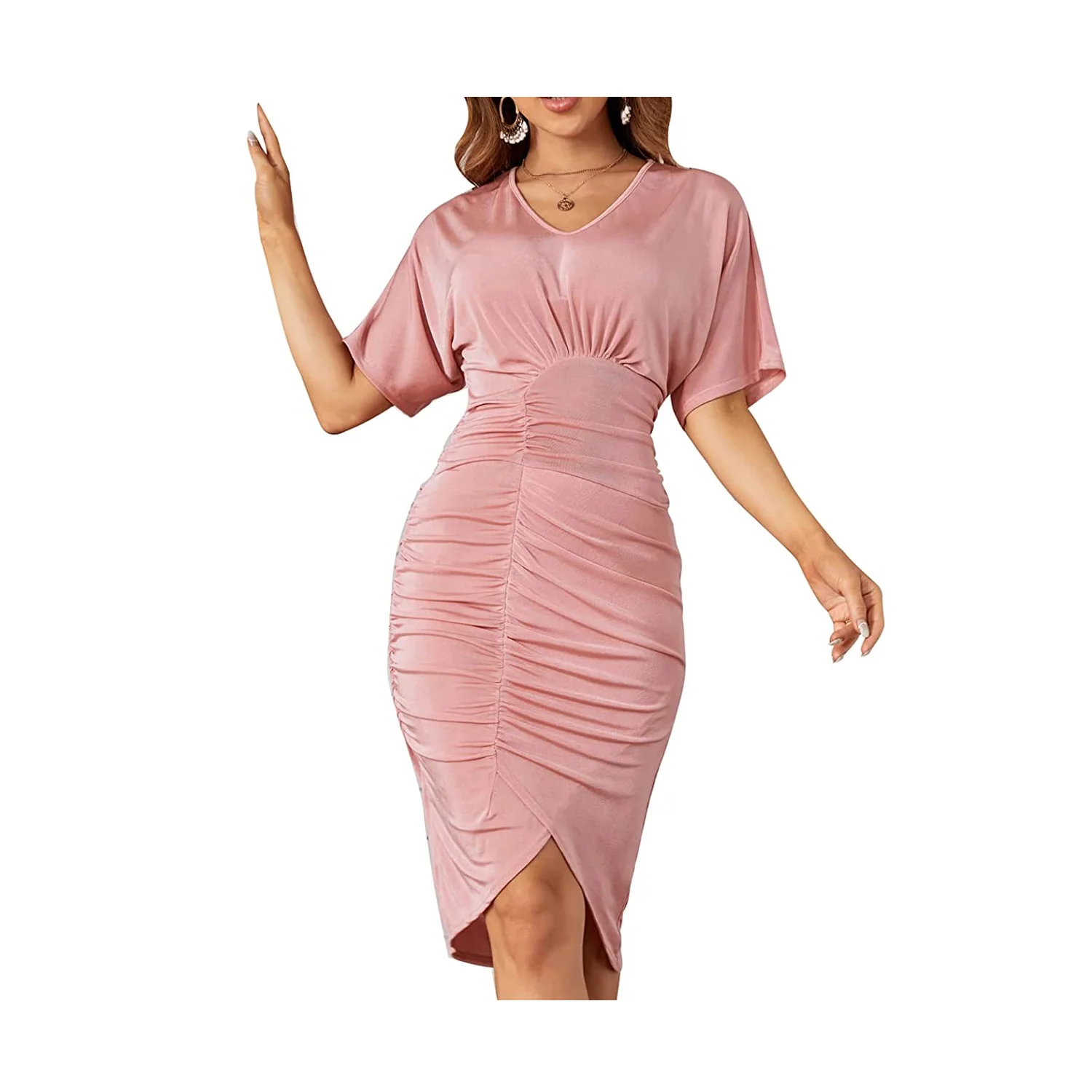 Women Short Sleeve Ruched V-neck Slim 