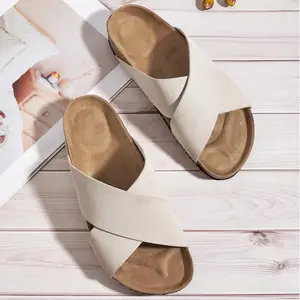 BUSY GIRL CXX142 Women's Flat Sandals Beige Cross Over Slide Sandals for Women Smooth Suede Slip on Slippers Ladies Outdoor