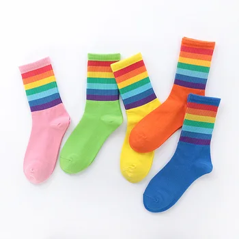 Popular Creative Korean Fashion Trendy Bright Colors Rainbow Stripe Gay Pride Festival Ladies Personalized Cotton Tube Socks