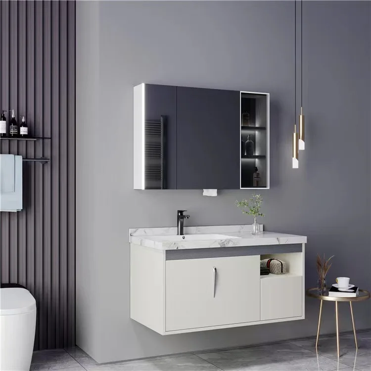 Modern floating wall mounted artificial stone countertop single sink bathroom vanity with smart mirror cabinet details