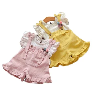 Cute Stripe Fly Sleeve Strap Suit Little Girl Boutique Kids High Quality Children Clothing
