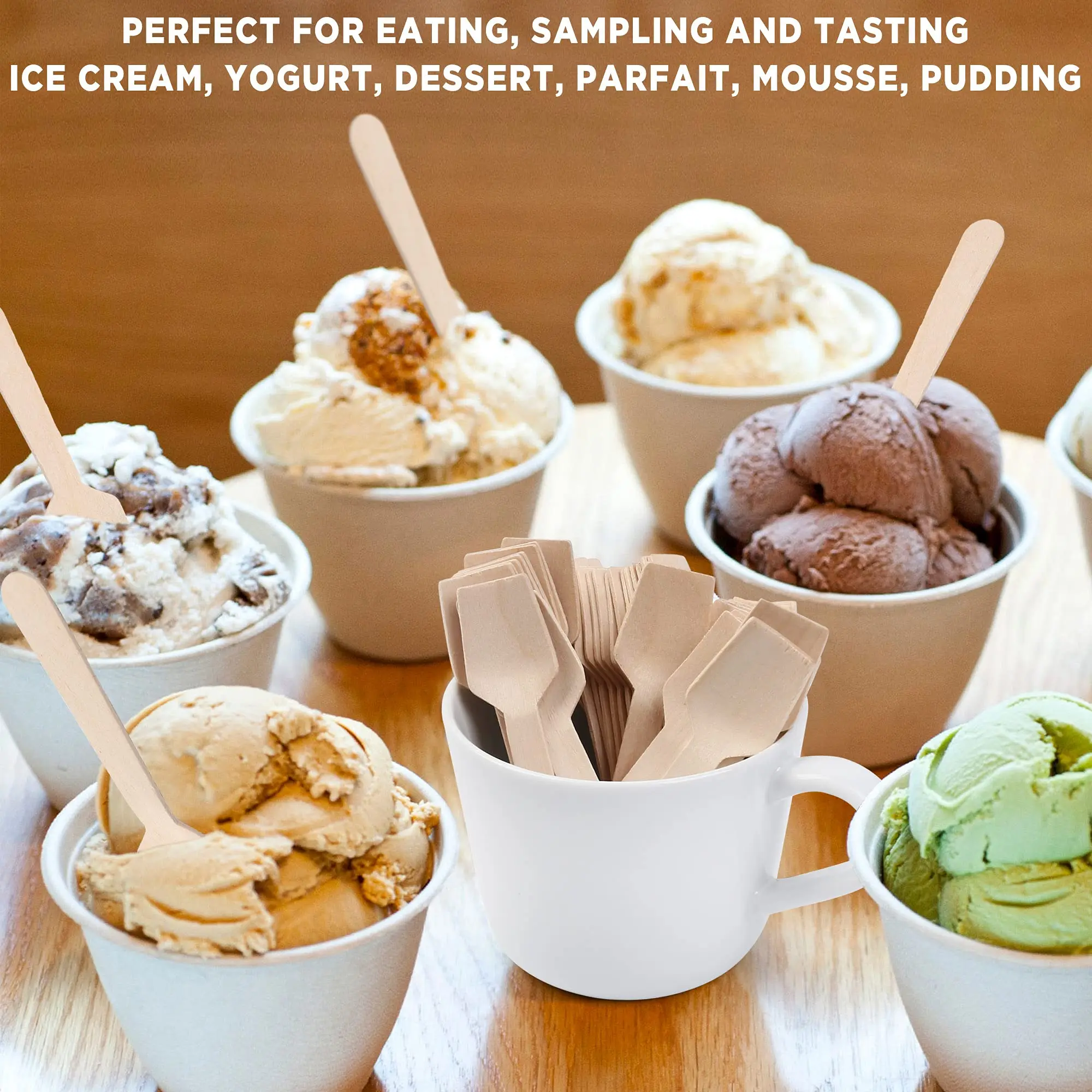 Small Size 95mm Biodegradable Disposable Wooden Spoons for Party Free Samples Edible Square Spoons for Ice Cream Tasting