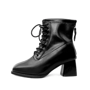 New Arrival Winter Middle Cylinder Pointed Toe Ladies Lace up Crude High Heels Booties for Women Boots Formal Leather Shoes