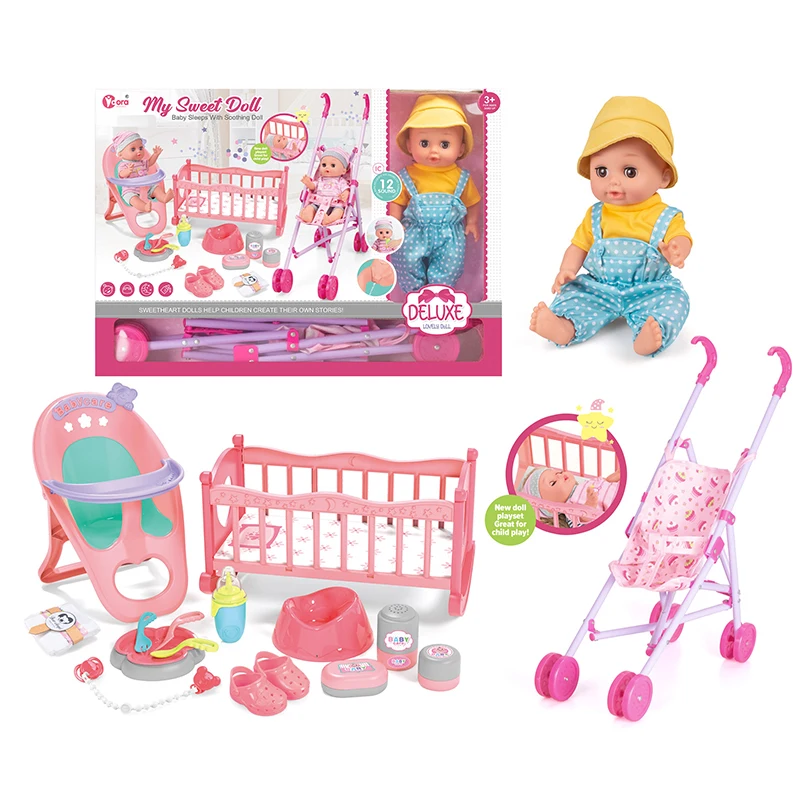 Dolls Pack Doll Stroller Baby Doll Crib High Chair Set 12 Sounds
