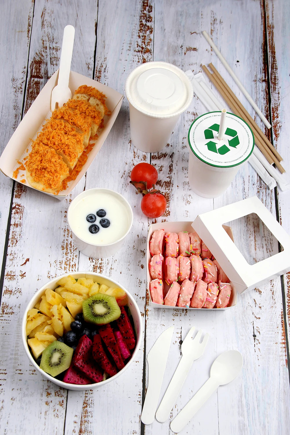 Individual Paper Package Utensils Cutlery Set White Bamboo Spoon Fork Knife Biodegradable Custom Printed Logo for Restaurant details