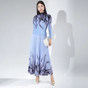 2025 New Arrival Miyake Pleated Women's Fashion Set Stretch Top & Long Pleated Skirt 2-Piece