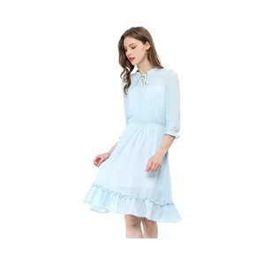 Women's Casual Boho Chiffon Summer Dress with 3/4 Sleeve Solid Natural Front and Anti-Static Feature for Wedding Guests