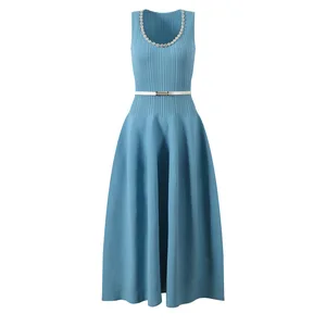 Bettergirl High-quality 2026 New square Neck Diamond Fashion Elegant Blue Long Dress Tight Sleeveless Knit Casual Dress