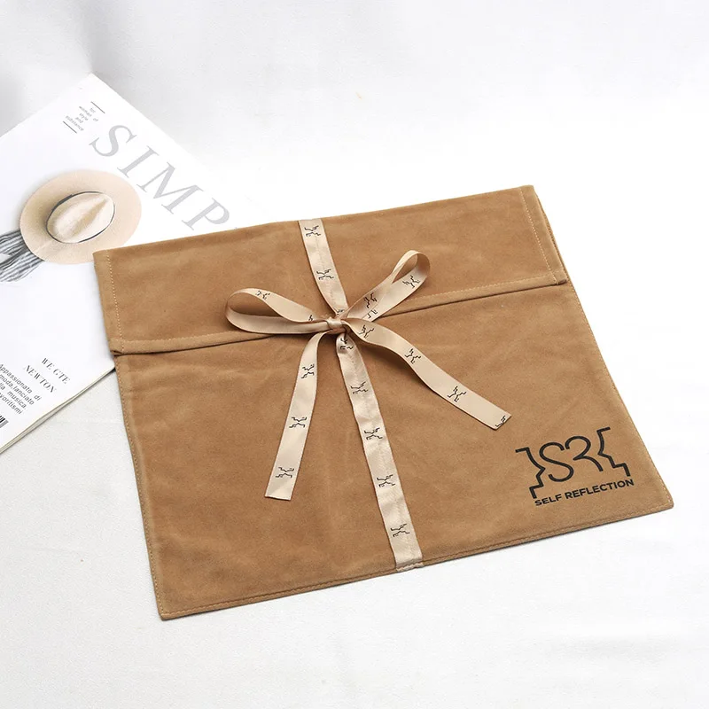 Custom Logo Printed Suede Velvet Envelope Pouch With Ribbon Thick Soft Suede Envelope Bag