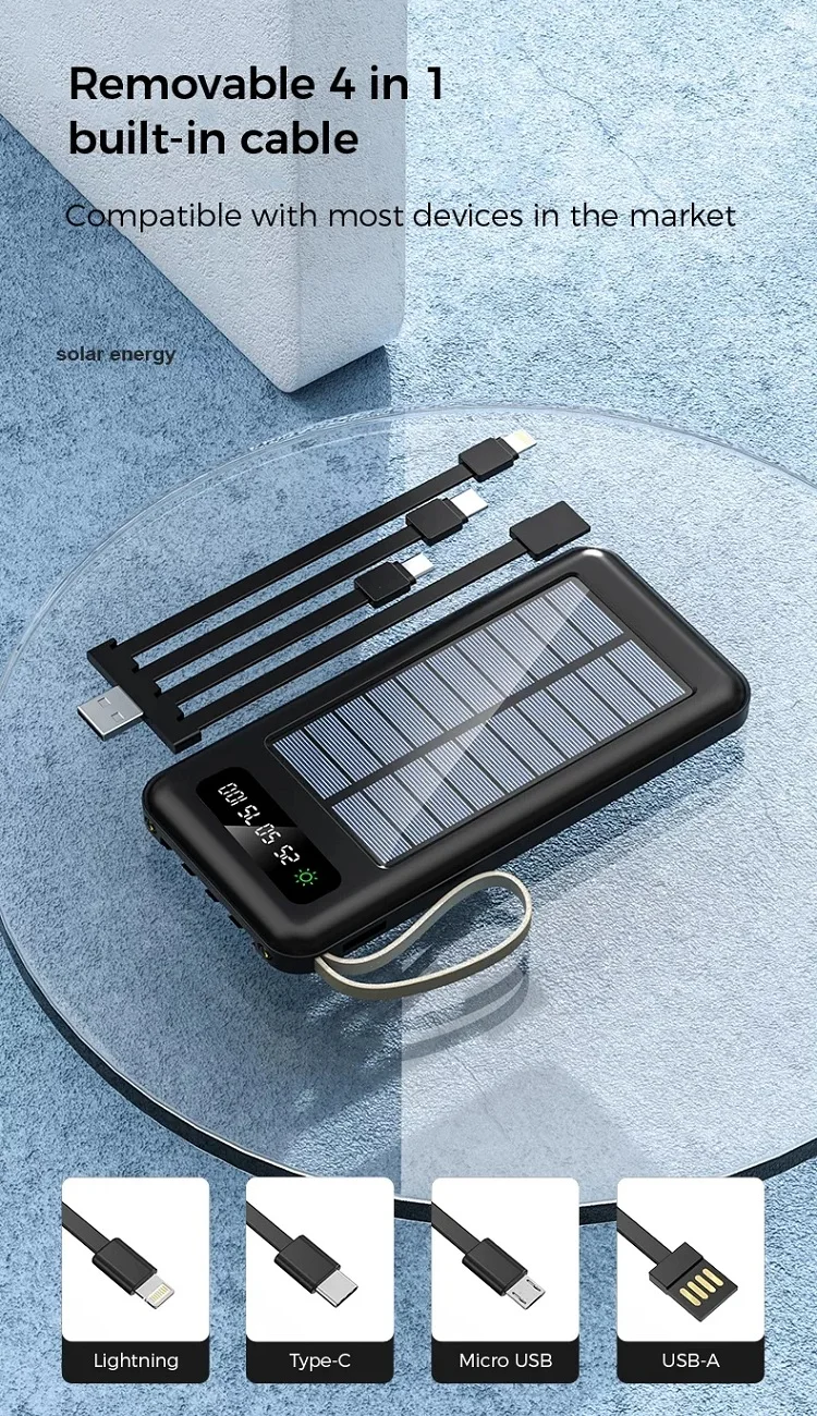 Factory Real Capacity Solar Power Bank Multi-functional Detachable 4 Cables Large Capacity 10000mAh Mobile Power Supply