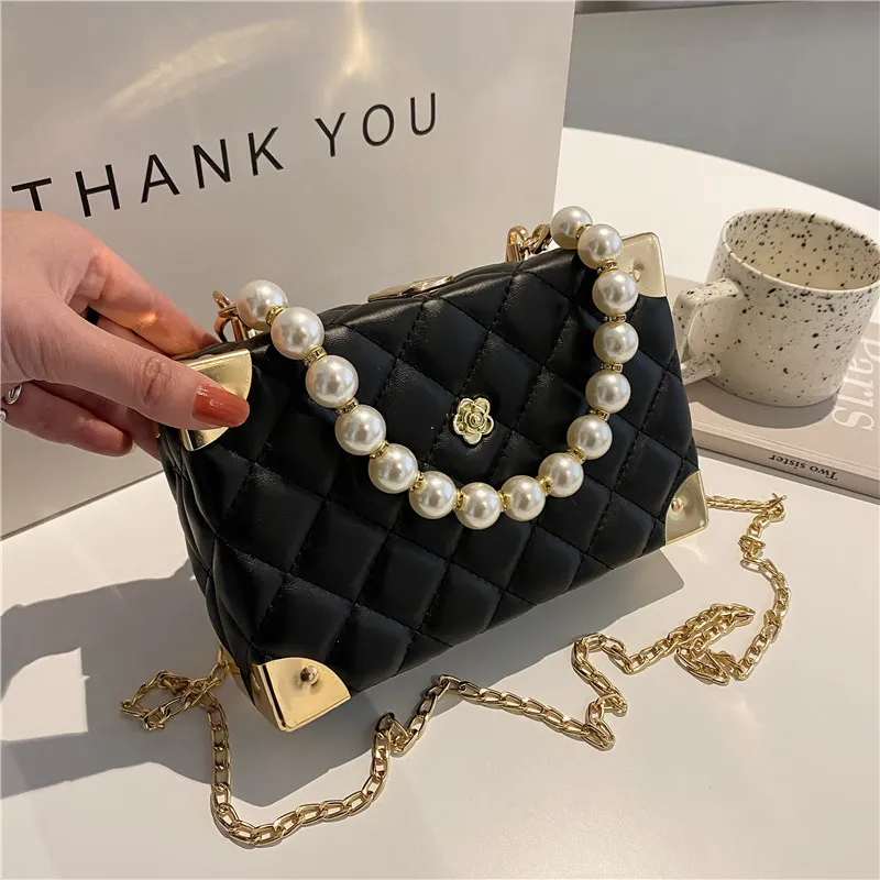 韓国商品/THREE TIMES Bibi chain bag Trendy Thread Box Purse with Rhombus Chain and Pearl