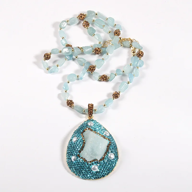 Wholesale Fashion Aquamarine Pin Crystal Geometric Bead Necklace