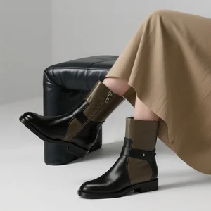 2026 New Fashionable Retro Classic Metal Buckle Genuine Leather Chunky Heel Slip-On Soft Comfortable Women's Short Boot
