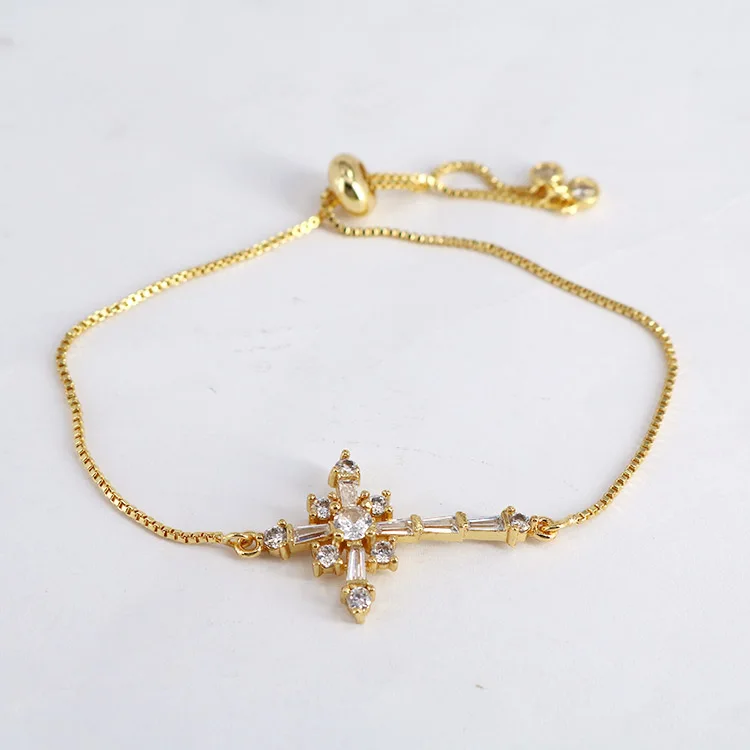 BC1269 Fashion  Adjustable Gold Plated Brass CZ Micro Pave Tiny rainbow Cross Wrist Chain Women  Bracelet