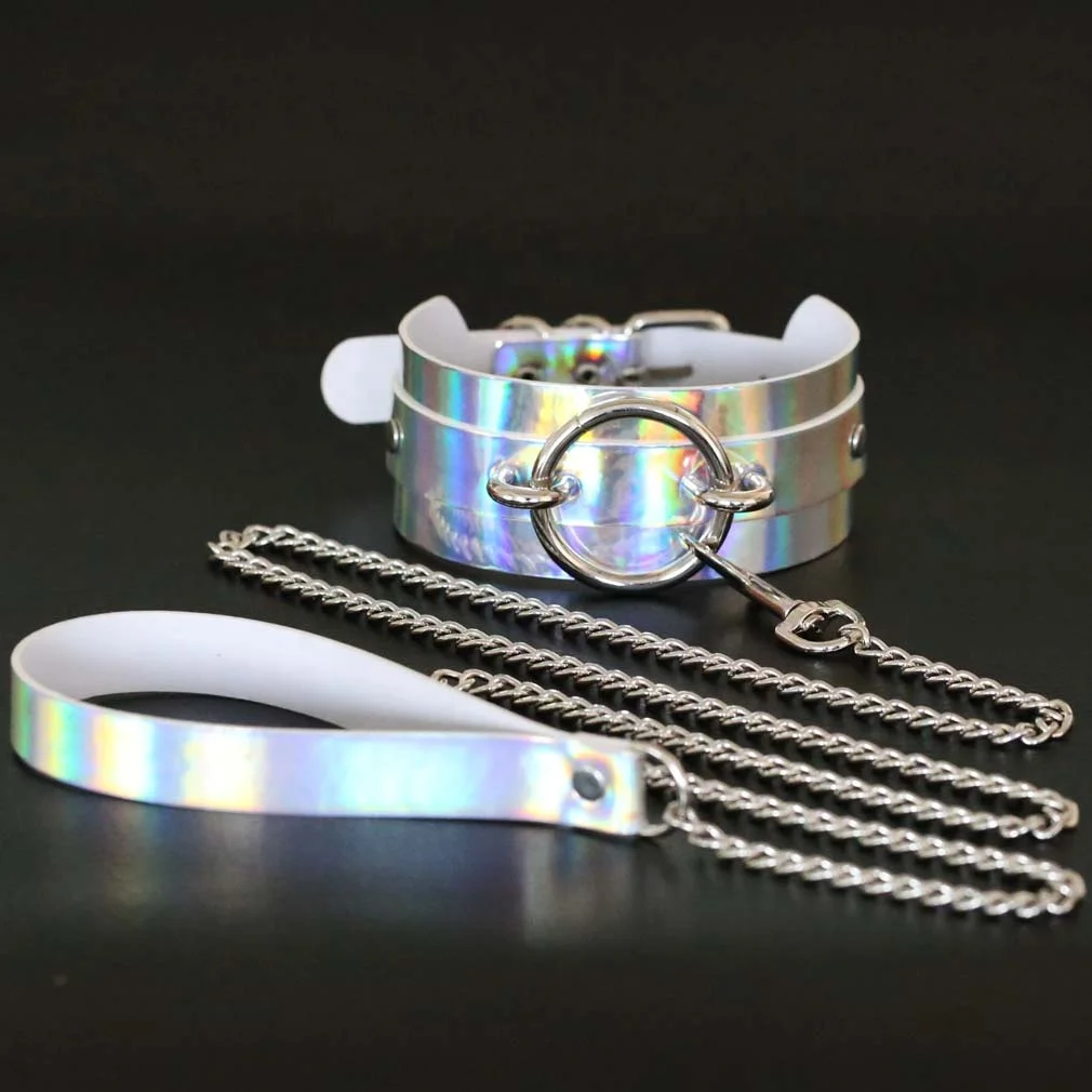 Damen Sexy Spielzeug Hunde-Halsband Metall-Seil-Halskette Laser  PU-Leder-Halsband Holografisches Choker Mode-Kettenhalskette