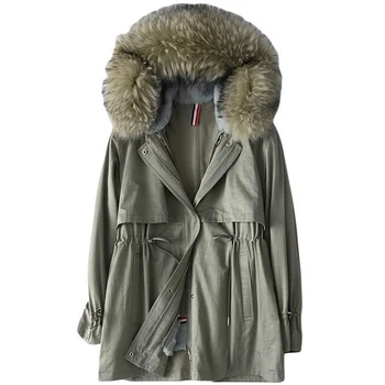Army green rabbit liner fur parka coats winter parka jacket woman