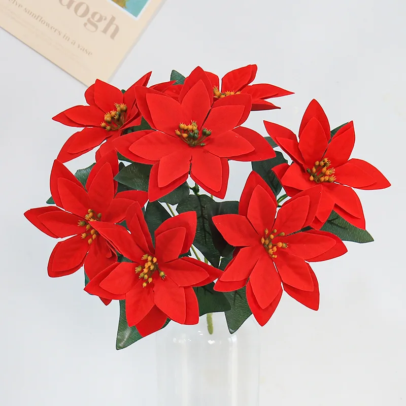 Großhandel Kunstliche Weihnachtssternblumen Rot 7 Stiele Samt-Weihnachtsstern Blumen für Weihnachtsbaum-Schmuck, Wohnungs- und Veranda-Dekoration