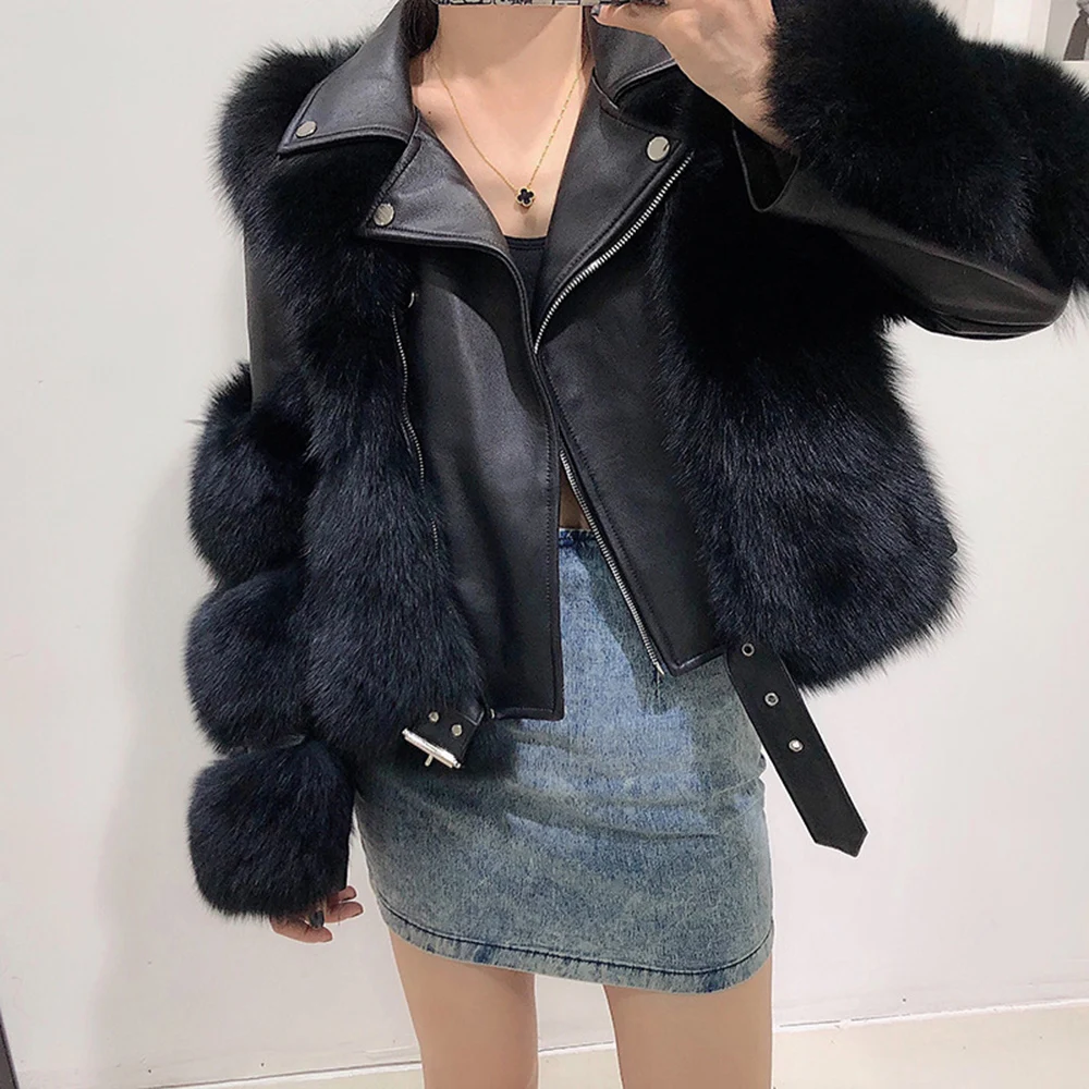 New Fashion Genuine Sheepskin Leather Fur Jacket Women Real Leather Fox Fur Coat