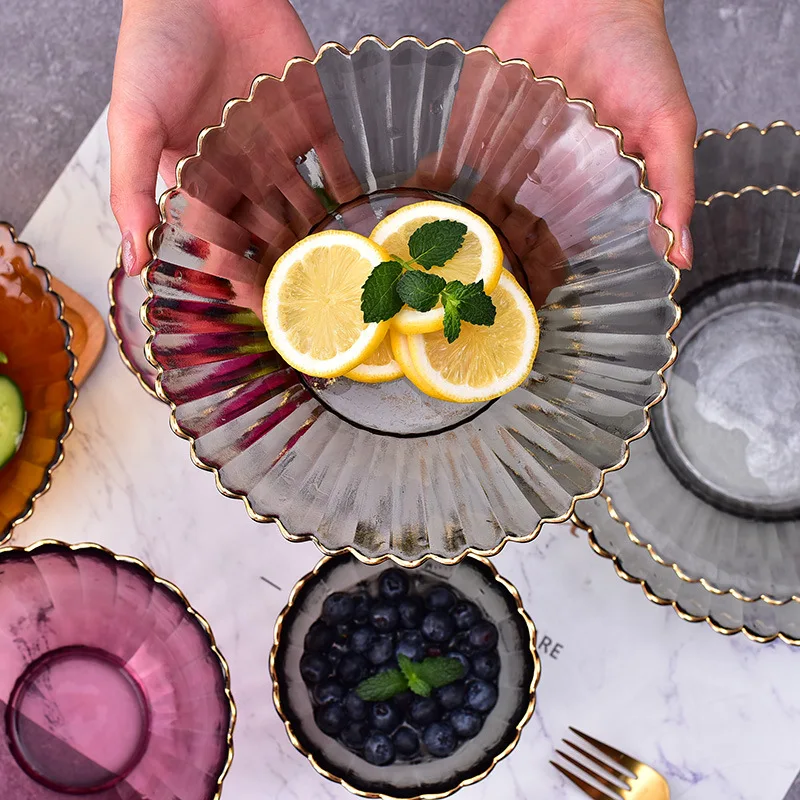 Tableware Kitchenware Set High Quality Unique Glass Bowl European Style Antique Colorful Glass Fruit Salad Bowl for Home Use