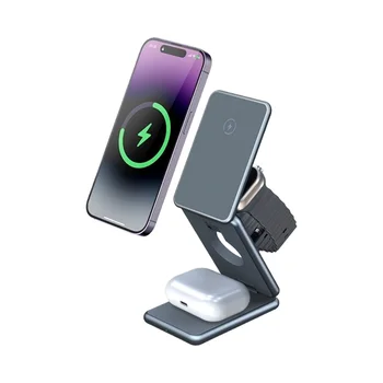 15W Aluminum Alloy 3 in 1 Magnetic Wireless Charger Charging Stations For iPhone For AirPods For iWatch For Samsung Watch Earbud