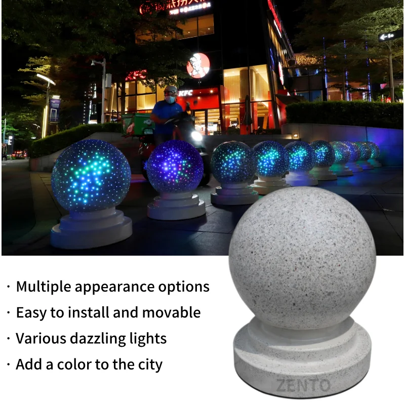 ZENTO Eco-Friendly 12V LED Lighting Solar-Luminous Anti-Collision Granite Stone Bollard Road Block Car Stop Traffic Barrier