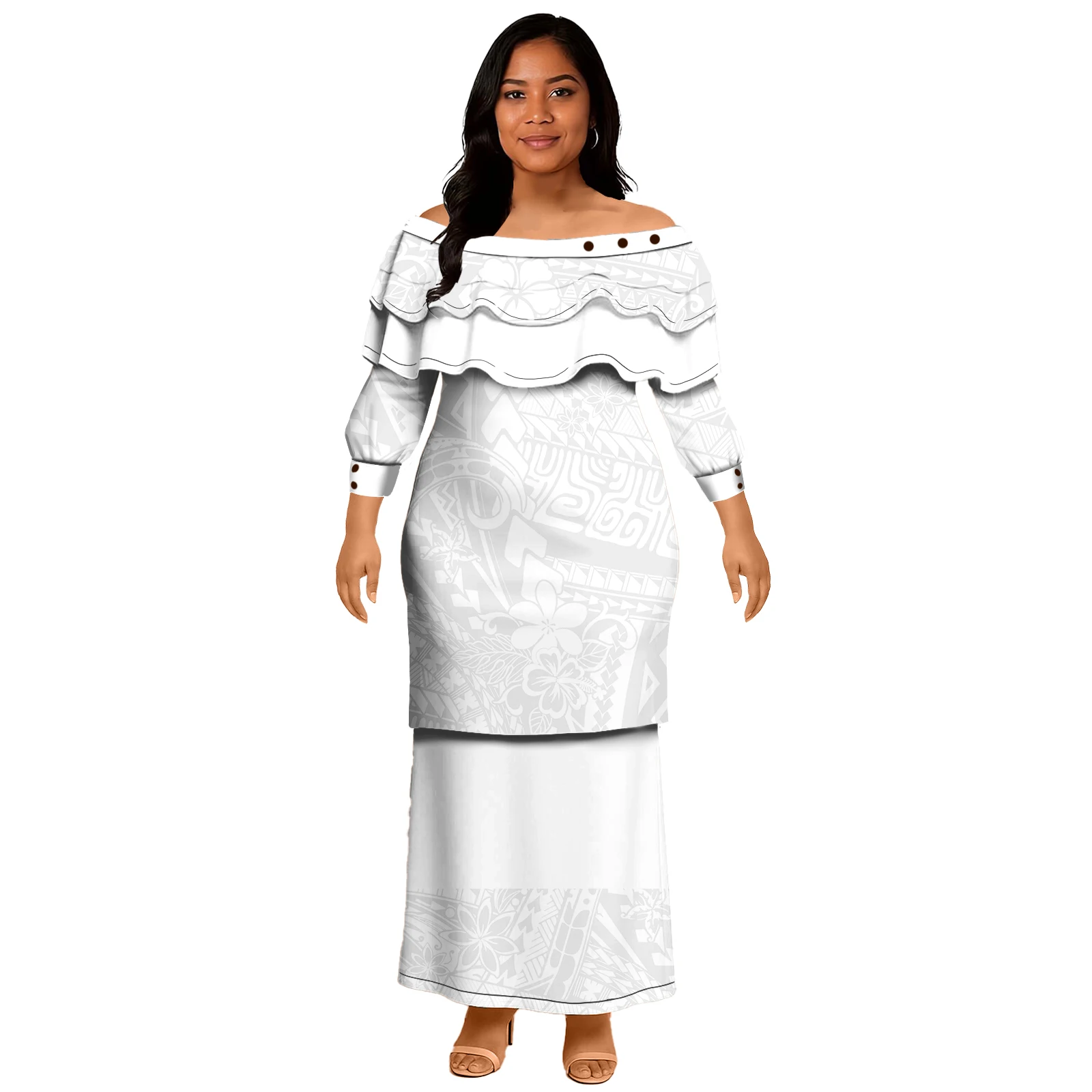 tongan formal dress White Personalized Tonga Puletasi Dress Tongan Two Piece Set Outfit Dresses  Print on Demand Women's Church Formal Clothing