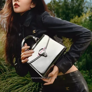 Custom Logo Luxury Metallic Silver Leather Top Handle Satchel Bag Ladies Crossbody Handbag Purse for Women