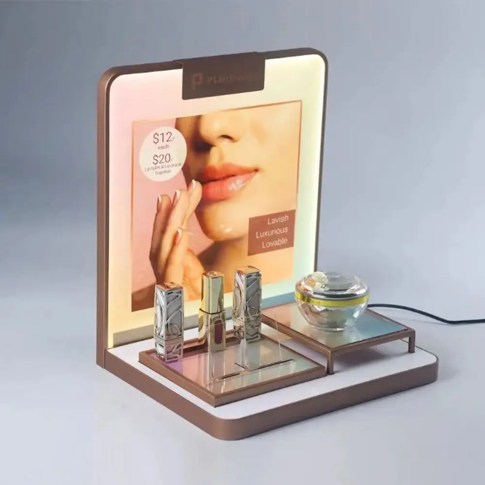 Custom premium lighted cosmetic display stand with metallic accents and layered product slots