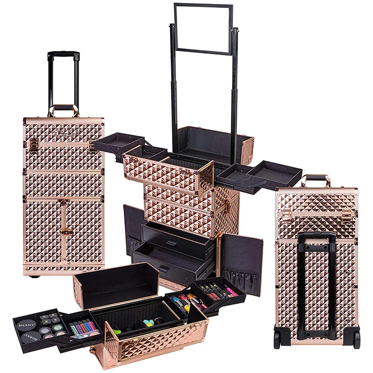 rose gold pro makeup artist large size trolley rolling makeup case,  custom logo good price make up case with mirror and drawer