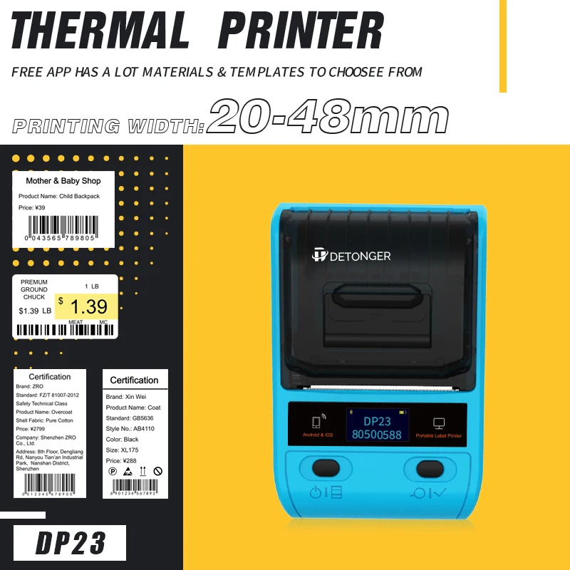 DETONGER Label Maker DP23P Thermal Portable Bluetooth Barcode Label Maker with 1 Pack 50x30mm Label Sticker for Home Office Organization Commercial Us : DETONGER DP23 Label Maker, Bluetooth Portable Thermal