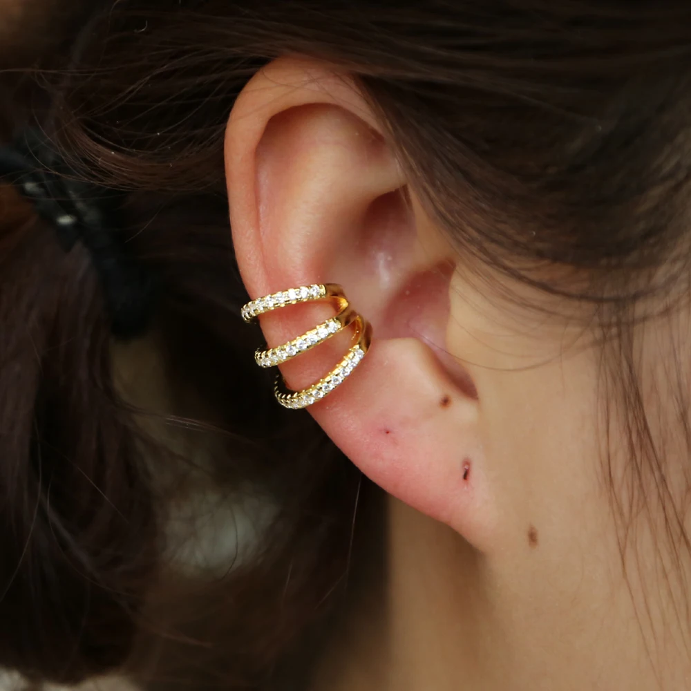 Clip on Earrings Triple Line Gold Silver Plated CZ Crystal Ear Cuff Pendientes De Clip Women Earrings Ear Wrap Ear Cuff Brincos