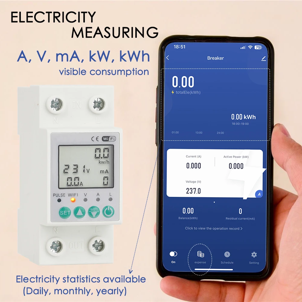 Oumefar Interruttore Smart WiFi 1P 63A Con Contatore Energia E APP Ewelink Per Controllo Remoto AC230V