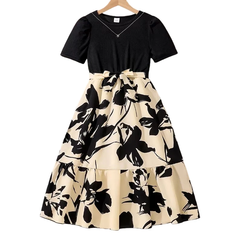 teenager holiday dresses 2025 Summer New Big Girls Short Sleeve Flower Dress Casual Wear valentinesday23