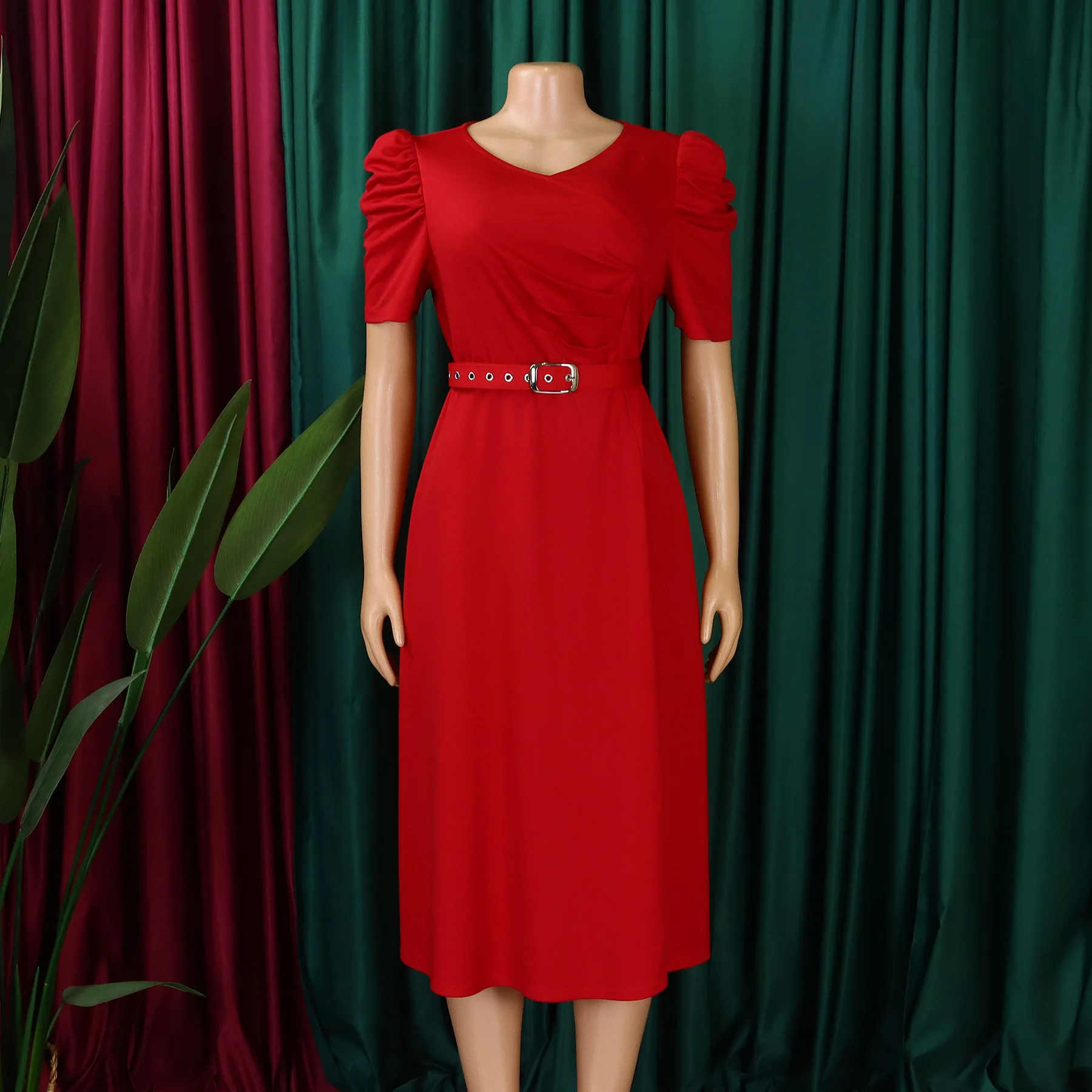 Women Summer Dress Women's V Neck Puff Sleeve Swing Dress - Elastic Waist  Pleated Summer Long Dresses Summer Long Dresses Polyester
