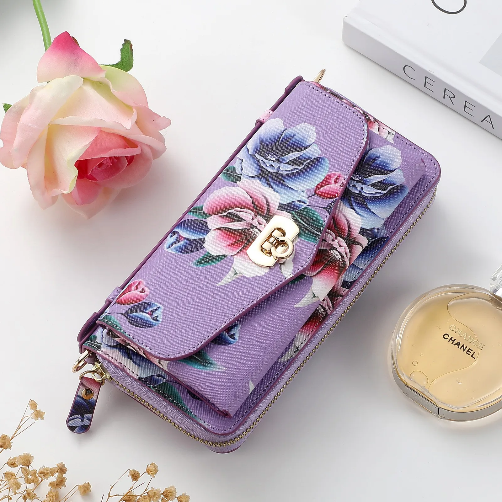 Flowers Painted RFID Protection Wallet Large Capacity for iPhone 15 14 for Samsung Cosmetic Bag Phone Cases With Mirror