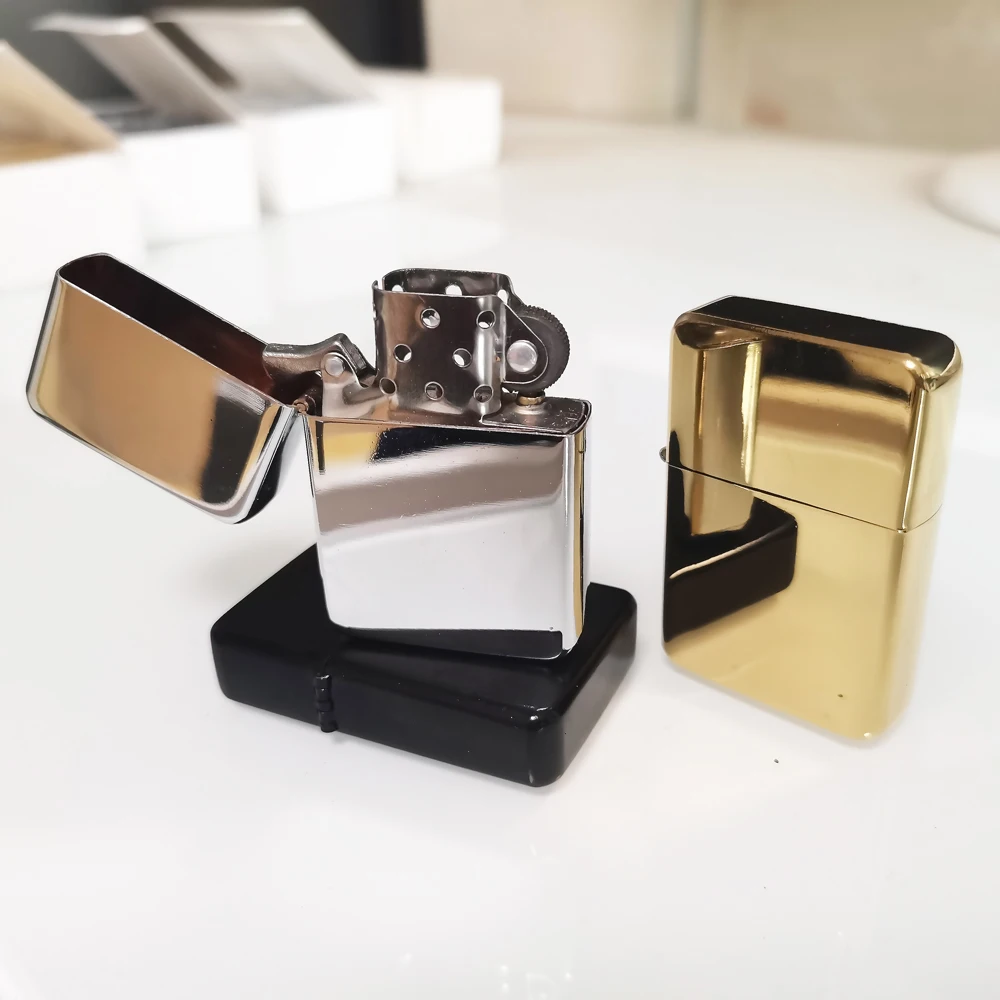 Square Alloy Shell Silver Shell Lighter Custom logo Carving Windproof Flip Cover Kerosene Torch Lighter