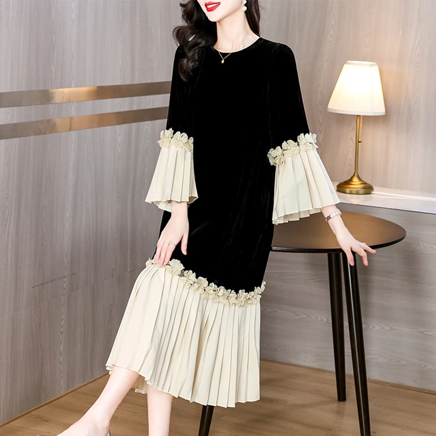 chinese dress ladies Women's Velvet Elegant Loose Long Sleeve Dress