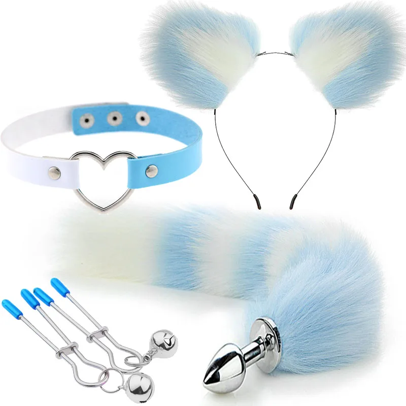 Metal Butt Plug 4 In 1 Fur Set Skin Friendly Smooth Touch Anal Plug Fox Tail Breast Clip Hairpin Couple Cosplay Multi-color_voghion.com