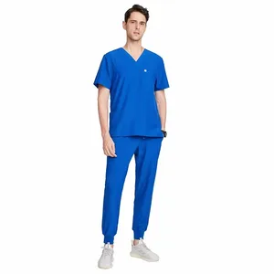 Men Athletic Style V Neck Short Sleeve Scrubs Uniform Sets Royal Blue Medical Scrubs Work Uniform Suits