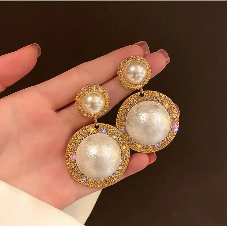 High Quality Rhinestone Round Gold Color Earrings Luxury Big Pearl Jewelry  Earring for Women